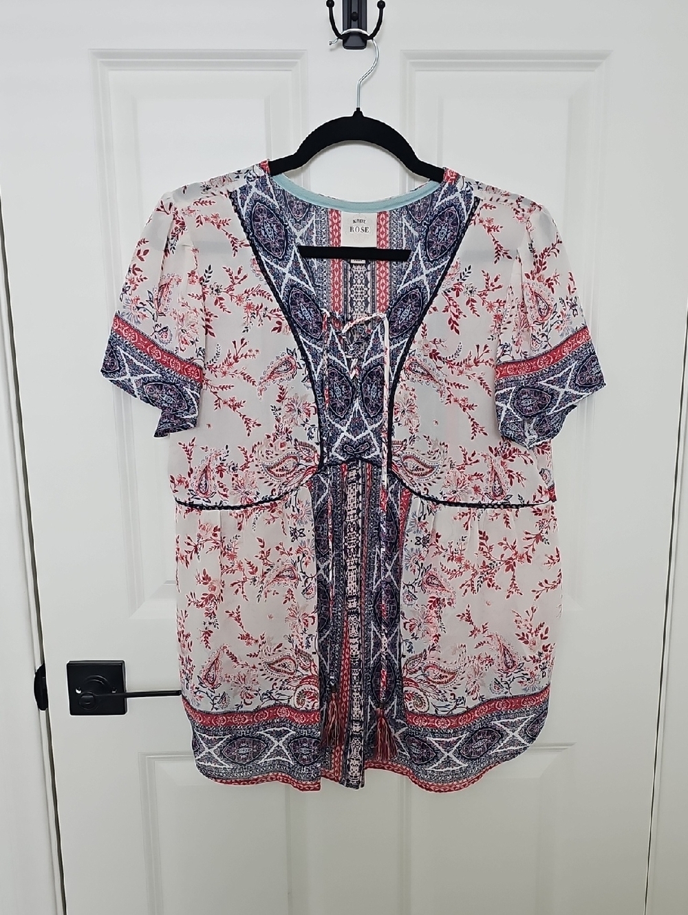 Knox Rose Paisley Floral Sheer Chiffon Lace Up Tassel Peasant Blouse Pink Blue L